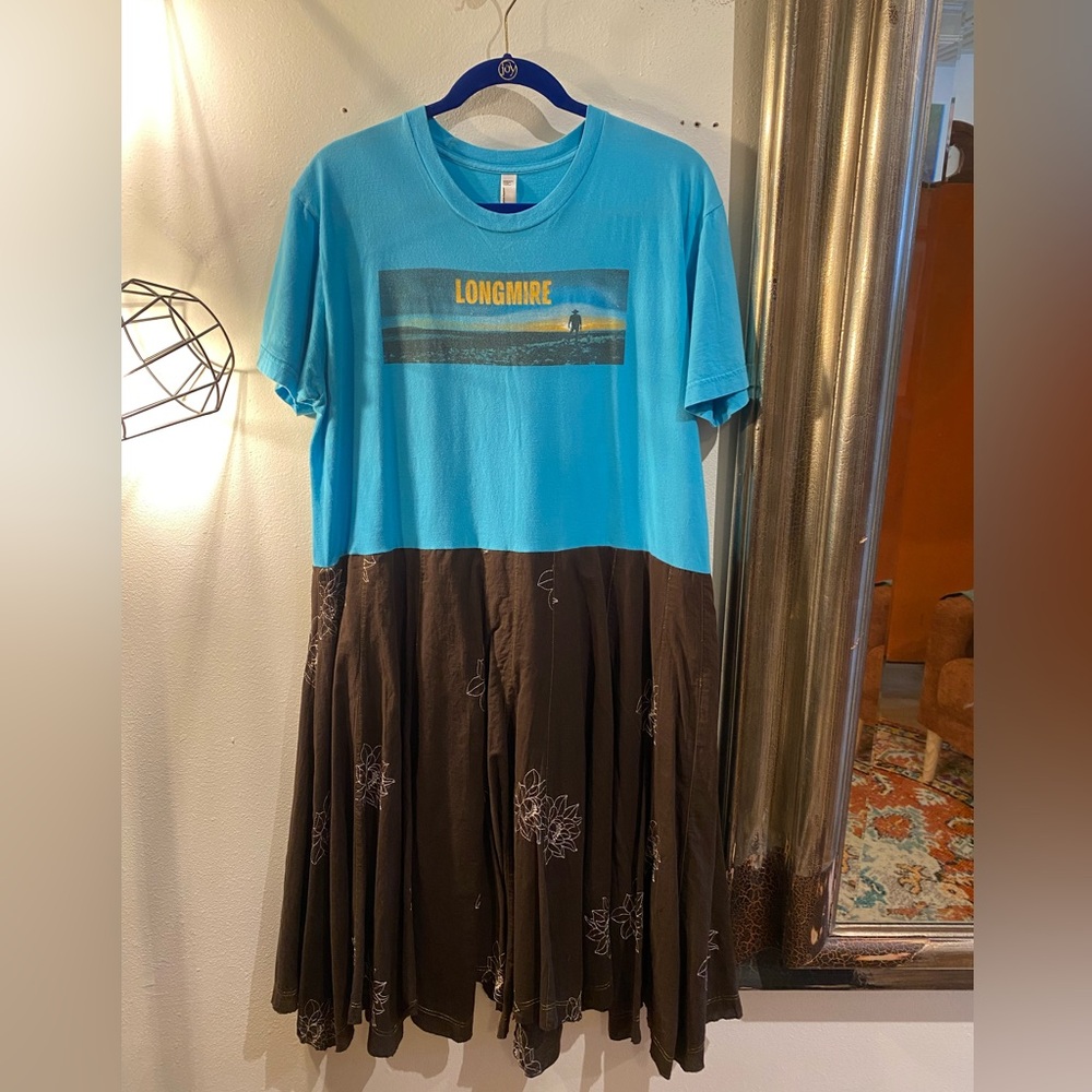 OOAK Upcycled Longmire cotton kick skirt Blue and Brown Longmire Graphic Dress